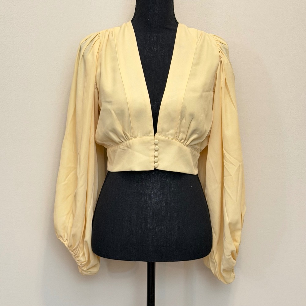 Lena Women S Soft Yellow Deep V-Neck Balloon Puff Sleeve Crop Top Blouse Buttons